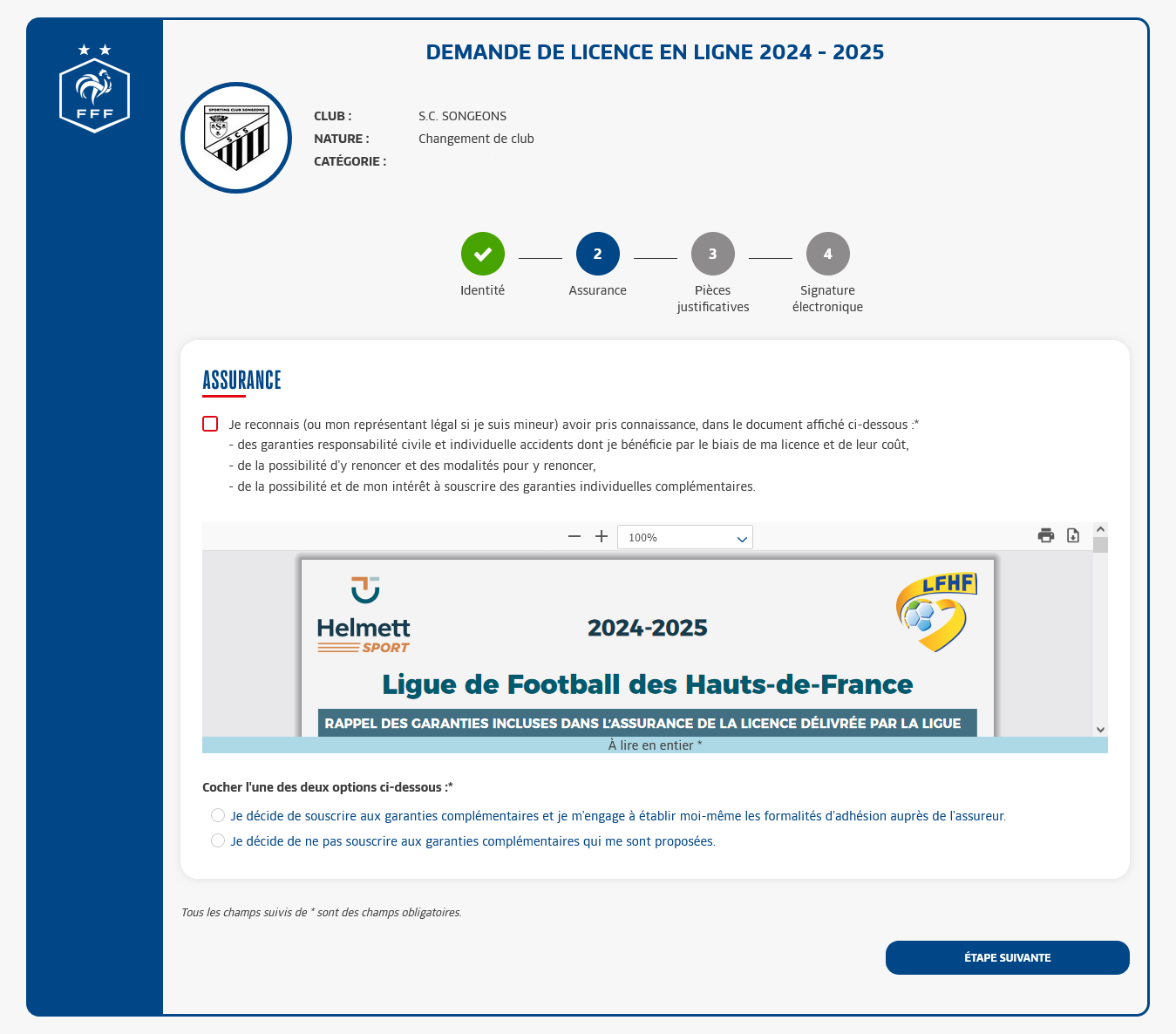 Deuxième étape d'une demande de changement de club